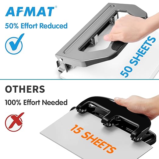 AFMAT HP18 Heavy Duty 3 Hole Punch, 50-Sheet Hole Puncher 3 Ring, 50% Reduced Effort, Adjustable Two & Three Hole Punch, Metal Paper Puncher w/Large Chip Tray, Metal Paper Guide, Gray
