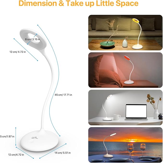 LED Desk Lamp with 3 Color Modes, Touch Control 30 LEDs Table Lamp, Stepless Dimming Reading Light,360° Flexible, Rechargeable Portable Eye-Caring Sleep Aid for Dorm Study Office Bedroom, White