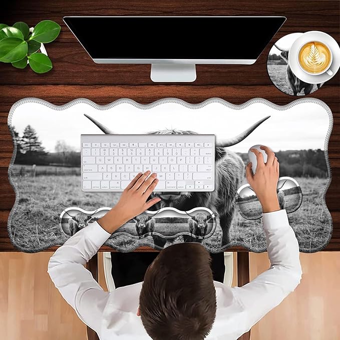 Office Mouse Pad Set with Wrist Support, Large 31.5"x11.8" Desk Mat, Ergonomic Memory Foam Keyboard Wrist Rest, Non-Slip Durable Mouse Pad for Work & Home, Highland Cow