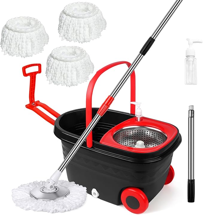 Spin Mop and Bucket with Wringer Set, Stainless Steel 360 Spinning Mop Bucket with 2X Round Wheels for Home Cleaning System with Dual Mop Heads Self Wringing Red Big Bucket 25QT (Black & Red)