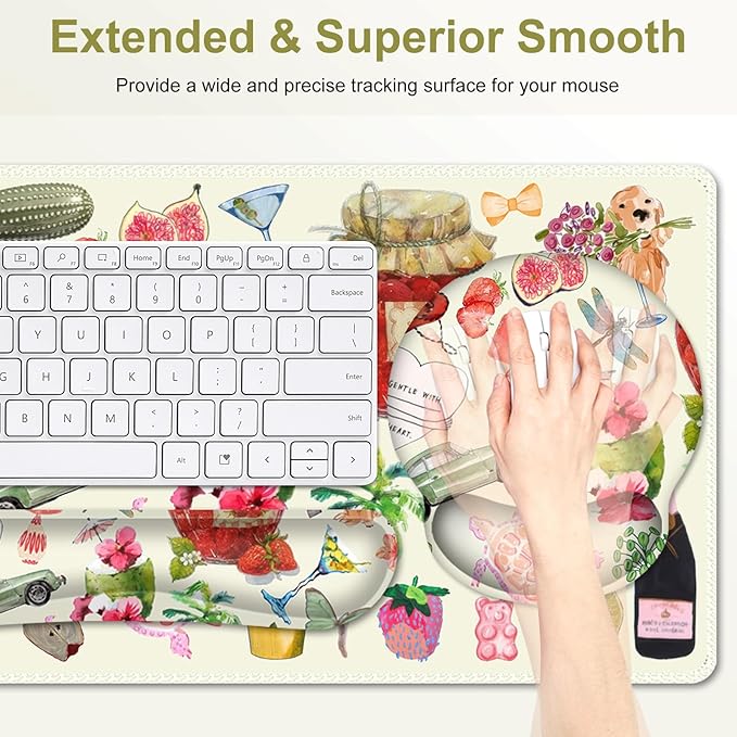 Mouse Pad, 4 in1 Large Desk Mat, Desk Pad Matt for Desktop, Anti-Slip XXL Big Computer Ergonomic Mousepad with Wrist Support for Keyboard and Mouse for Women I Watercolor Stickers