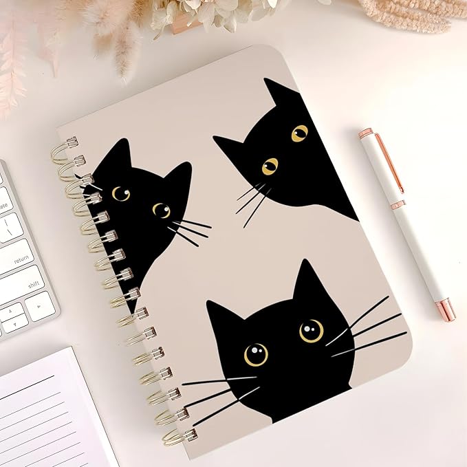 Cute Spiral Notebook journal A5 Aesthetic Pretty Floral Design for Women Girls Kawaii with Pocket, 8.5 x 5.7 inch, Black Cat
