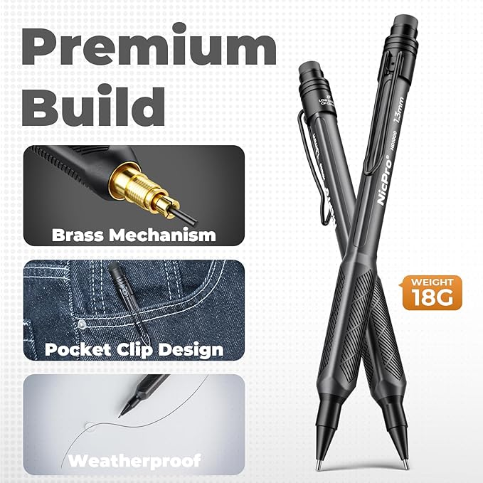 Nicpro 3 Pack Weatherproof Mechanical Pencil Set, 1.3mm Mechanical Pencils, Heavy Duty Lead Pencil for Outdoor All Weather Marking Drafting Drawing with 75 Lead Refills, Erasers, Case (Black, HD1000)