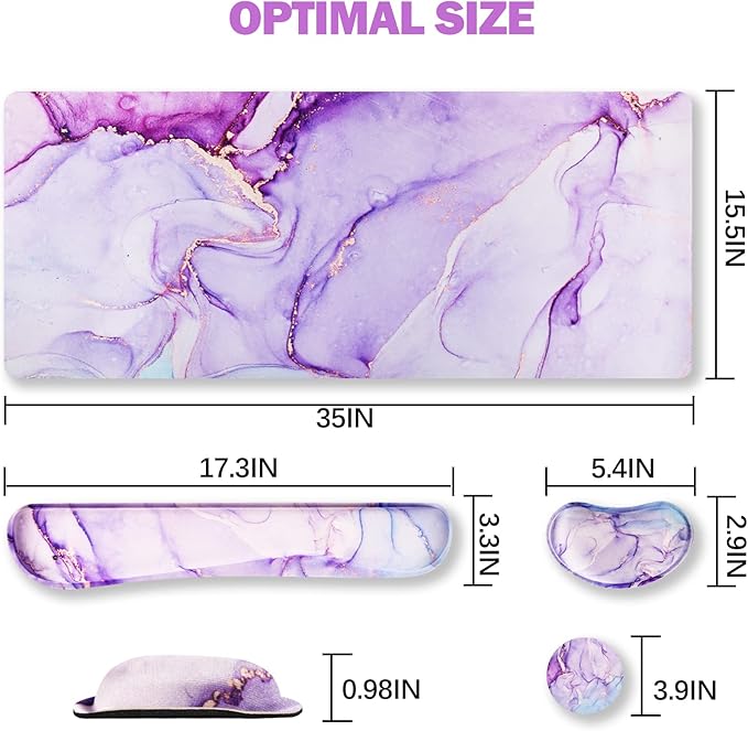ARTSO Large Gaming Mouse Pad, Keyboard Wrist Rest Pad & Wrist Support Mousepad Set, Stitched Edge, Extended, Non-Slip Base, Memory Foam,Multifunctional Desk Mat for Office & Home, Purple Blue Marble