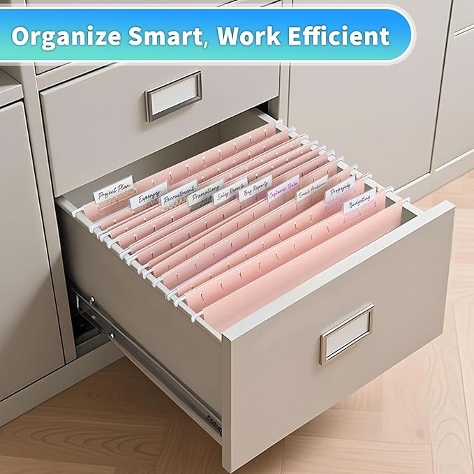 25-Pack Pink Hanging File Folders, Letter Size (8.5" x 11") with 1/5-Cut Tabs,25 Transparent Label Cards & 25 Sticker Labelsfor Home & Office Organization