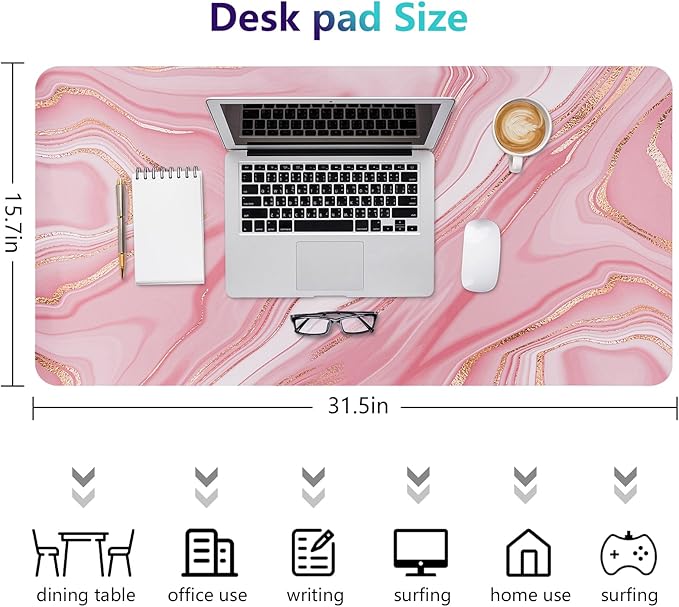 Desk Mat, Desk Pad Dual Leather Sided Desktop Mat for Office and Home,Desk Organization and Accessories Ideal for Large Mouse Pad and Desk Mats on Top of Desks (Rose Pink Marble 31.5"x 15.7")