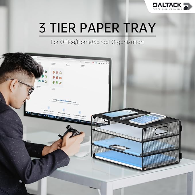 DALTACK 3 Tier Letter Tray Paper Organizer with Handle, Mesh Desk File Organizer, Paper Tray Desk Organizer for School Office Home, Metal Mesh, Black