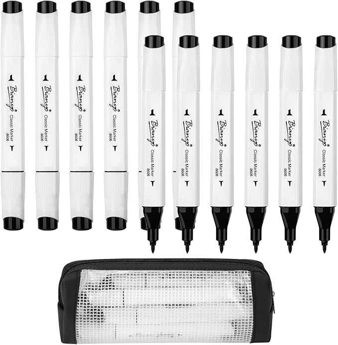 Bianyo Black Alcohol Markers Set, Set of 12, Dual Tip Bullet & Chisel Art Marker Set with Pen Case for Drawing, Sketching, Outlining, Highlighting, Designing