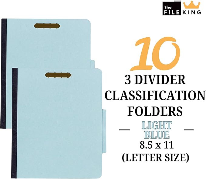 The File King Three Divider Pressboard Classification Light Blue File Folder - Letter Size | Box of 10 | 2/5 ROC Top Tab | 3” Expansion | Eight 2-Inch Fastener Prongs | Made in USA