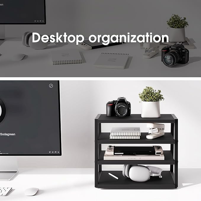 Fenge Desk Shelf Organizer, 4 Tier Desktop Shelf, Wood and Metal Office Shelves, Corner File Organizer for Office Supplies, Top of Desk Organizers and Accessories