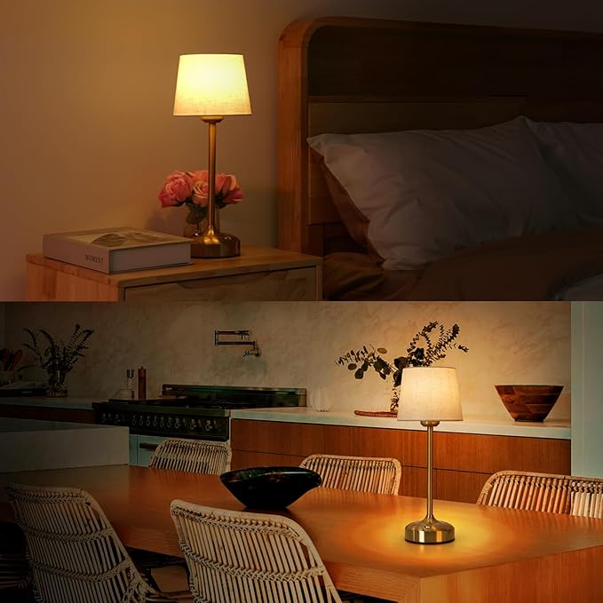 YAYZA! Cordless Table Lamp Adjustable Height Desk lamp, Fabric Shade 7500mAh Rechargeable LED Wireless Touch Night Light Stepless Dimming, 3 Color Temperatures with Edison Bulb (Short Gold - 1 Pack)