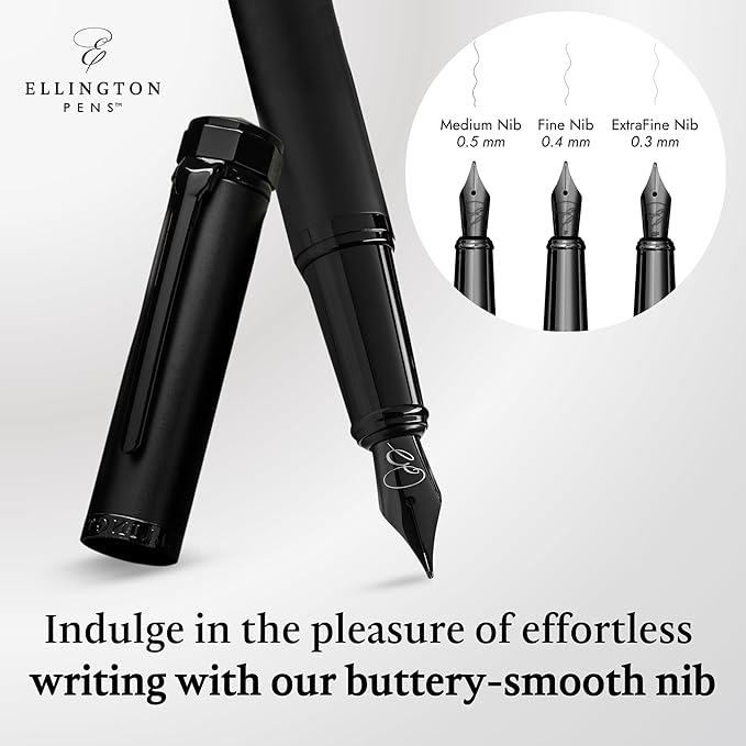 Ellington Pens Luxury Fountain Pen Set - Smooth Medium Nib - Includes 3 Ink Cartridges, Refillable Ink Converter, Gift Box - Fountain Pens For Writing, Calligraphy, Journaling, Sketching (The Stealth)