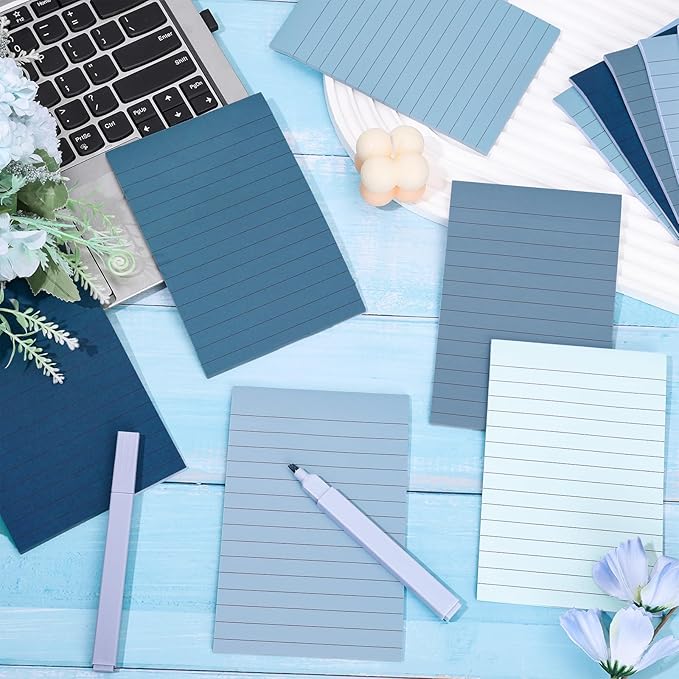 12Pcs Blue Lined Sticky Notes 6 Colors Gradient Blue Self-Adhesive Notepads Removable Memo Pad for Office School Home Supplies, 4 x 6 Inch