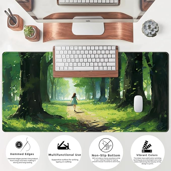 Jungle Anime Green Girl Character Desk Mat Aesthetics Oil Painting Ai Art Gaming Big Mouse Pad for Desk Office Decor for Women Large Desktop Mat Laptop Keyboard Mousepad Pad for Desk 31.5x15.8in