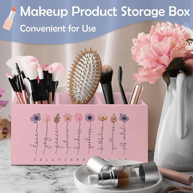 SNNDER Christian Pen Holder for Desk, Religious Christian Gifts for Women, Floral Boho Christian Bible Verses Wooden Pen Pencil Holder Organizer for Home Office Desk Accessories(PINK)