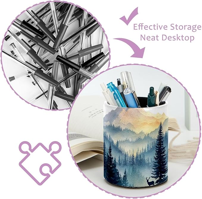 Watercolor Mountain Deer PVC Leather Circular Pencil Holder for Desk Organizer Stationery Holder for Office, School(3.9 x 3.1 Inches)