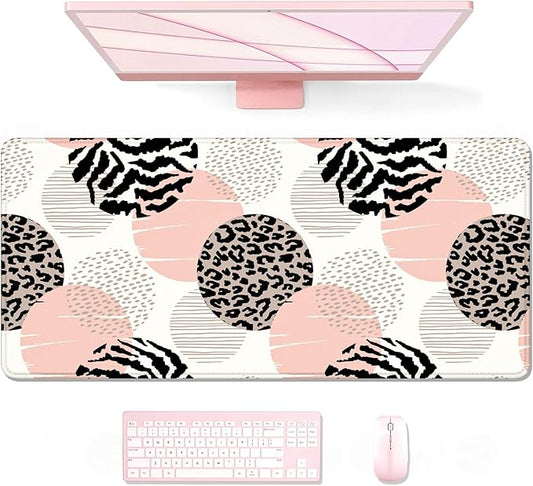 Auhoahsil Large Mouse Pad, XXL Gaming Mousepad, Desk Mat for Desktop, Thick Rubber, Big & Long Size, Stitched Edges, Full Desk Pad for Laptop & Computer, Extended 35.4 x 15.7 in, Pink Dots Leopard