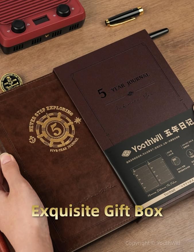 YouthWill Five Year Journal, 5-year Memory Notebook, Daily Journal, Undated Diary, One Line a Day, Soft Cover, Medium, 85gsm paper (Copper Brown)