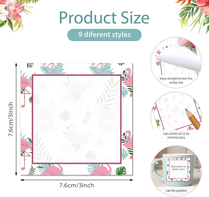 9 Pieces Summer Flamingos Sticky Notes 3x3 Inch Adhesive Summer Flamingos Memo Notes Self-Stick Note Pads for School Office Home Supplies Students Teachers Present