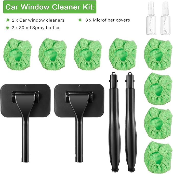 Frienda 2 Set Windshield Cleaner Tool Inside Car Windshield Cleaning Wand Auto Window Cleaner with Detachable Handle, 8 Reusable Microfiber Pads and 2 Spray Bottles for Car Interior(Green)