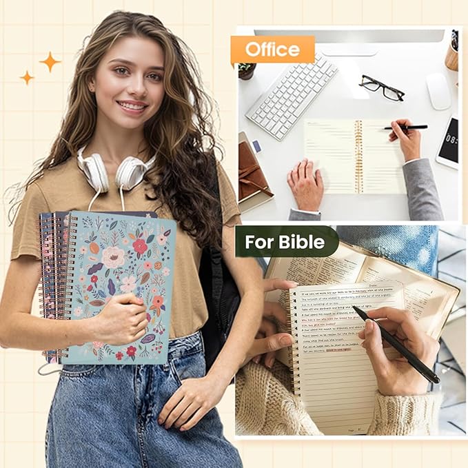 3 Pack Hardcover Spiral Notebook Spiral Journals for Women 160 Pages, 6.3 x 8.3 Inches,100gsm Paper,Cute College Ruled Notebook, Back Pocket, Office Supplies (FG-flower)