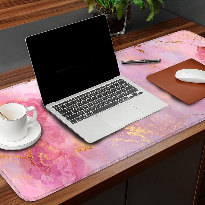 Elegant Pink Rose and Gold Marble Mouse Pad – 31.5" x 11.8" Extended Desk Mat with Abstract Floral Design – Luxurious Non-Slip Surface for Office & Home Decor