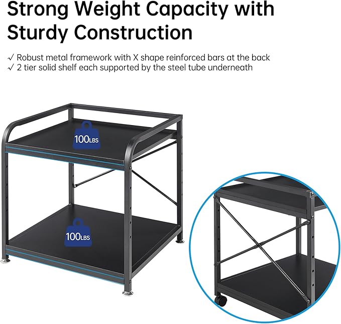 2 Tier Under Desk Printer Stand with Storage, 20 Inches Deep Large Printer Table with Height Adjustable Shelf, Rolling Printer Cart with Wheels for Home Office - Black