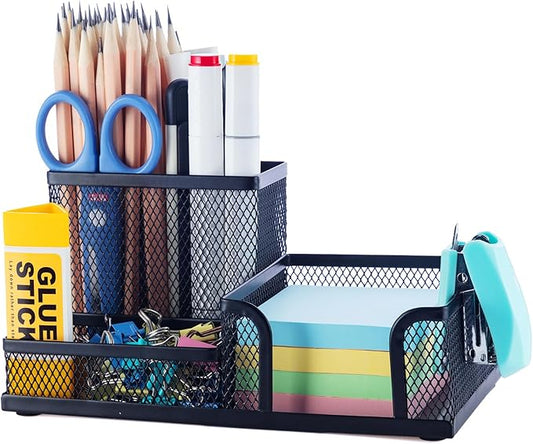 M&G Mesh Pen Holder Desk Organizers Pencil Holder for Desk Black, 3 Compartments Metal Office Supply Organizer with Sticky Notes Holder for School Home Office