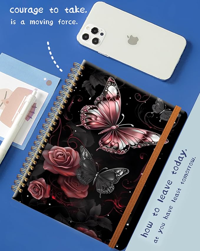 Ruled Spiral Writing Notebook,A5 Hardcover Lined College Journal for Women Lady Girl,Strong Twin-Wire Binding with Premium Paper,8.4" X 6",Perfect for School,Office,Home Gifts(rose gold butterfly)