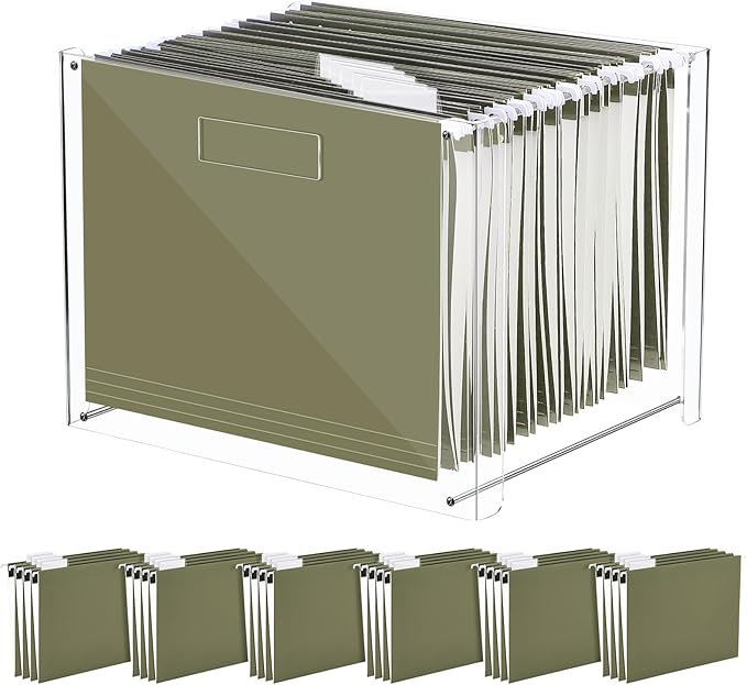 24 Hanging File Folder with Acrylic Organizer for Letter/a4 Size Desktop Clear File Storage Box with Handles for Home Work Office Use (Green,Classic)