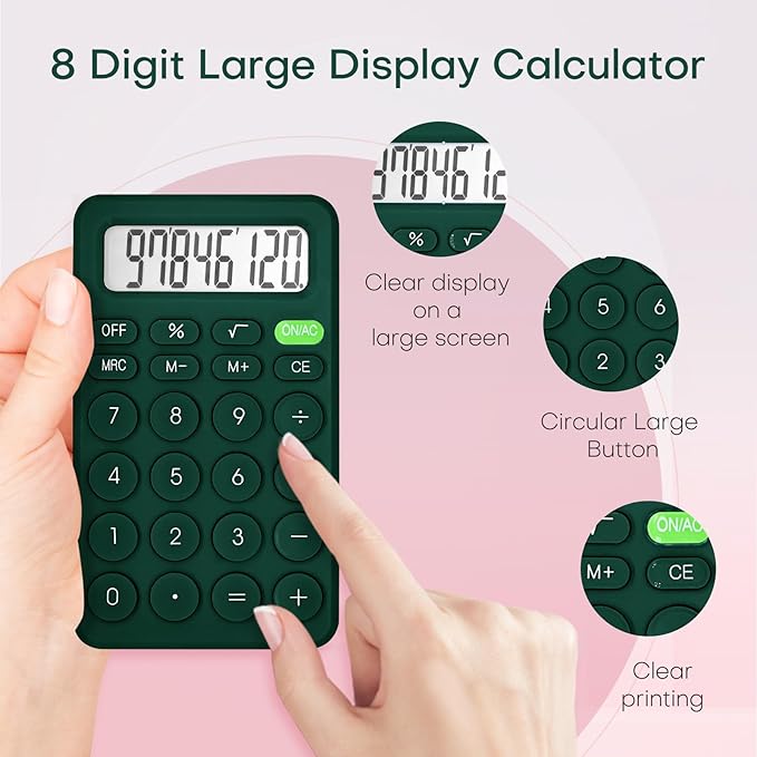 Cute Basic Four Function Calculator for Teachers & Students - Small Handheld, 8 Digit LCD Display, Sensitive Buttons, 5.5 x 3.2 inches, Deep Green