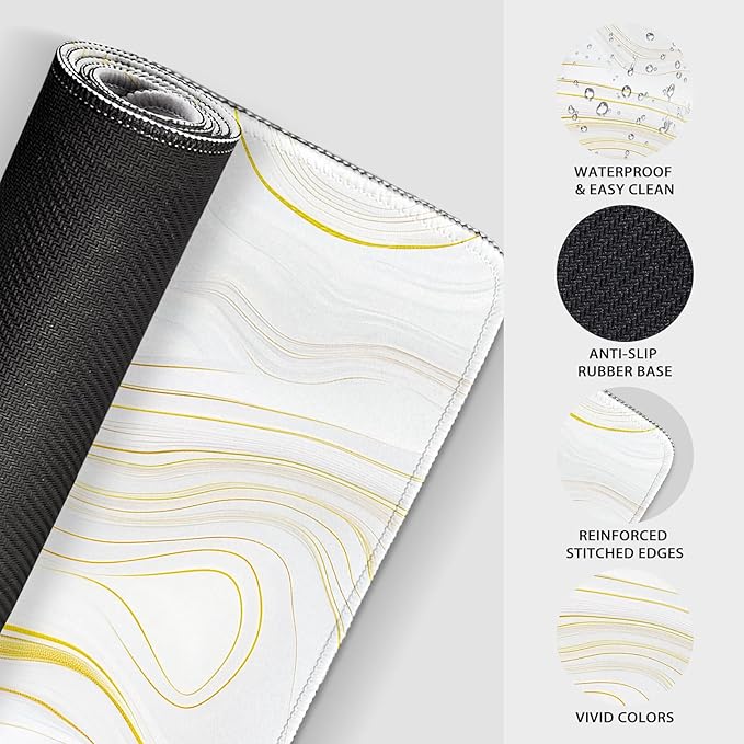 Marble Pattern Large Gaming Mouse Pad 31.5"x15.7"｜ Gold Topographic XXL Desk Mat, Non-Slip Rubber Base & Stitched Edges - Extended Waterproof Mousepad for PC/Laptop/Office/Home Decor