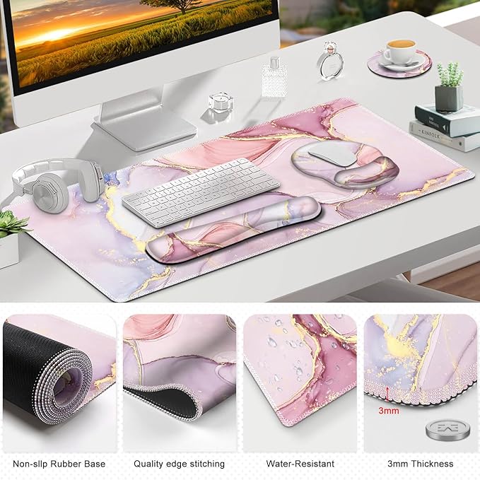 ToLuLu Desk Mat, XXL Large Mouse Pad Wrist Support Set，4 in1 Gaming Mousepad Desk Pad+ Ergonomic Mouse Pad with Wrist Rest + Keyboard Wrist Rest+Coaster for Home Office Computer, Pink Glitter Marble