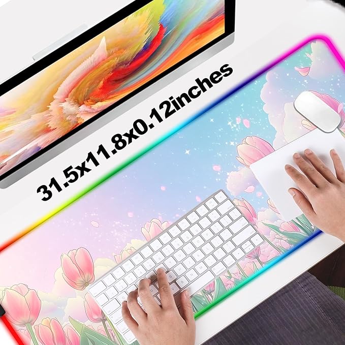 RGB Pink Flower Tulips Gaming Desk Mat, Computer Keyboard Large Extended Long Floral LED Mouse Pad for Office and Home, XL (W30)