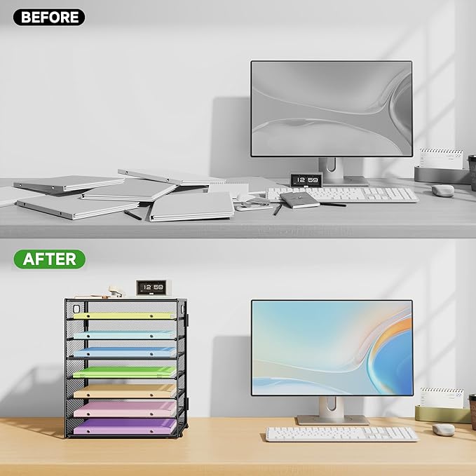 8 Tier Paper Organizer with Handle, Metal Mesh Desk File Organizer, Large Capacity Desk Organizers Paper Letter Tray Desktop Document Sorter for Office, Home or School - Black