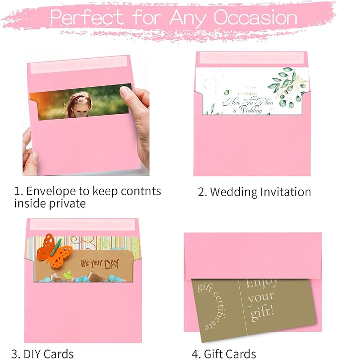 50 Pack 5x7 Envelopes for Invitations,5.25x7.25 inches,A7 Envelope Pink Self Seal,Printable Envelopes for Wedding,Invitation,Baby Shower,5x7 Cards