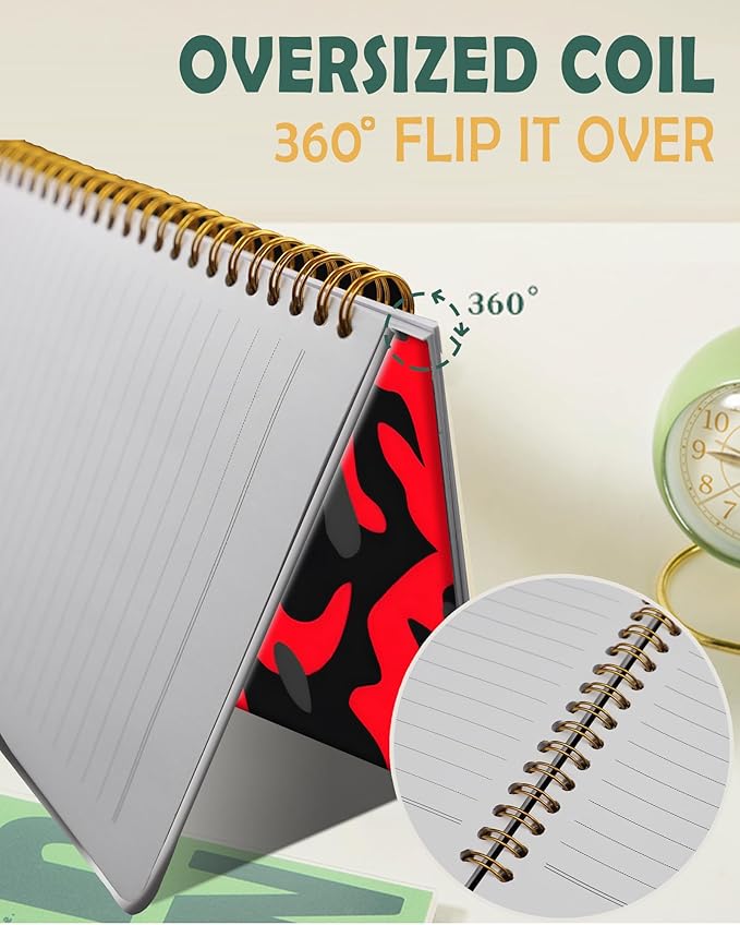 Ruled Spiral Writing Notebook,A5 Hardcover Lined College Journal for Women,Strong Twin-Wire Binding with Premium Paper,8.4" X 6",Perfect for School,Office,Home(Red Black Camo Camouflage)