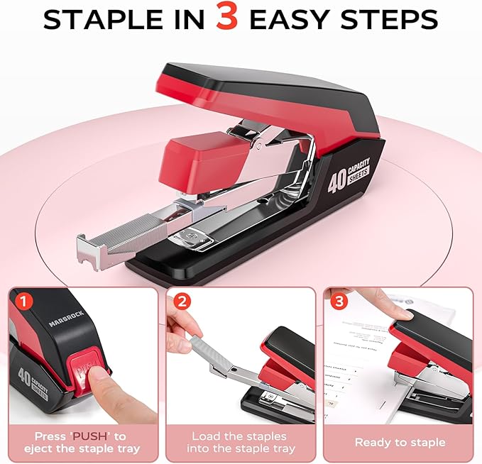 Effortless Stapler for Desk with 40-50 Sheet Capacity, 2000 Staples, 1-Touch Stapling, Ergonomic & Easy to Load Desktop Staplers, Heavy Duty Stapler, and Magnetic Staple Remover, Red