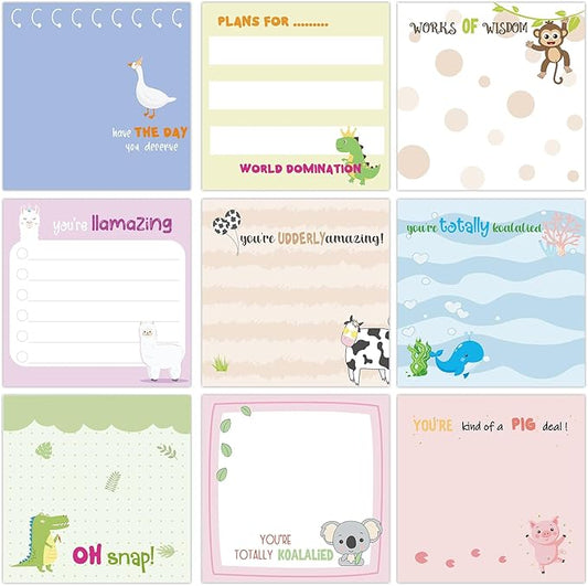 9 Pcs Funny Animal Notepads 3" x 3" Self-Adhesive Note Pads Cute Memo for Work Office School Home - 450 Sheets Reusable Animal Sticky Notes