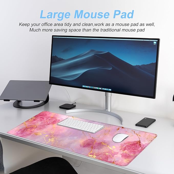 Elegant Pink Rose and Gold Marble Mouse Pad – 31.5" x 11.8" Extended Desk Mat with Abstract Floral Design – Luxurious Non-Slip Surface for Office & Home Decor