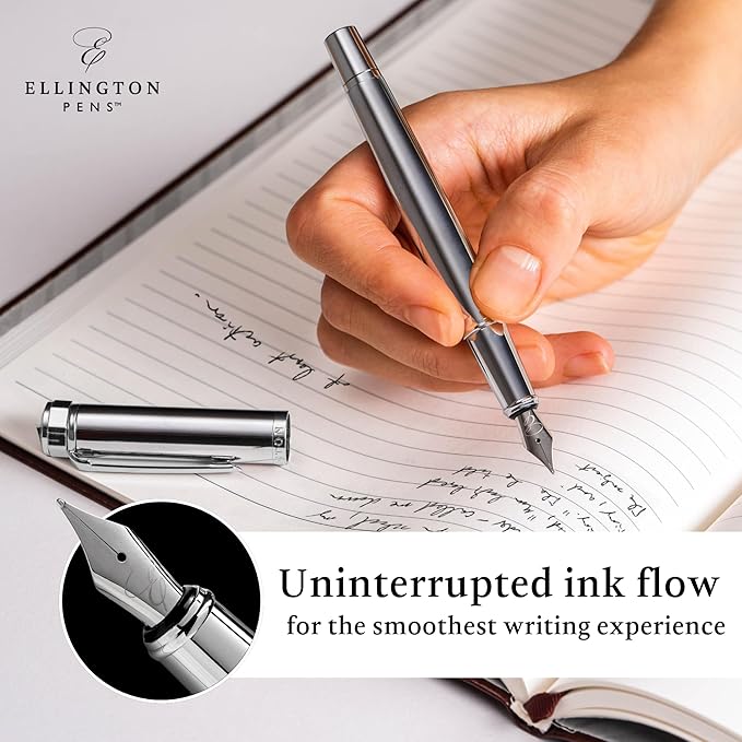 Ellington Pens Luxury Fountain Pen Set - Smooth Fine Nib- Includes 3 Ink Cartridges, Refillable Ink Converter, Gift Box- Fountain Pens For Writing, Calligraphy, Journaling, Sketching (Silver Sonata)