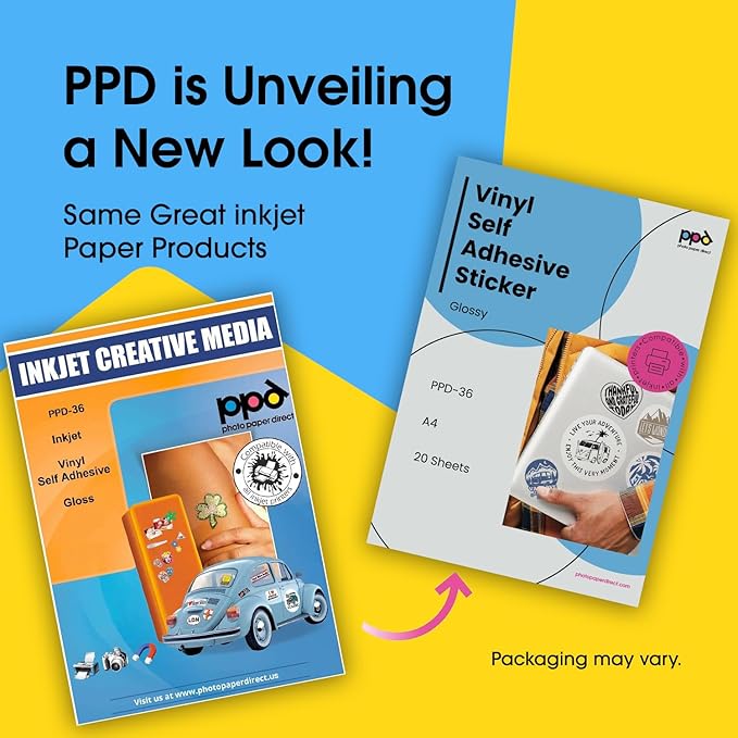 PPD Premium Printable Vinyl Sticker Paper for Inkjet Printer - 20 Sheets Glossy Sticker Paper 8.5 x 11 - Self-Adhesive, Waterproof, Tear Resistant, Instant Dry - PPD-36-20
