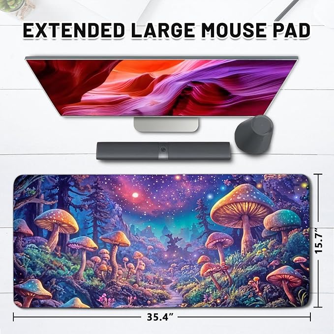 Gaming Mouse Pad Extra Large, Oversize Mushroom Computer Mousepad Desk Mat, Birthday Gifts for Women Men Mushroom Lovers, Non-Slip Desk Decor Accessories for Keyboard and Mouse 15.7”x 35.4” XXL