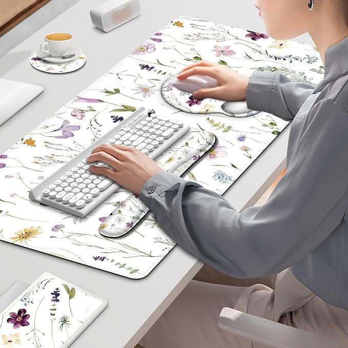 Gaming Mouse Pad, Large Desk Mat, Cute Desk Pad Protector, 4in1 XXL Mousepad + Keyboard Wrist Rest+Mouse Wrist Rest+Coaster Set with Ergonomic Desk Pad for Home Office Computer, Purple Flower Plants