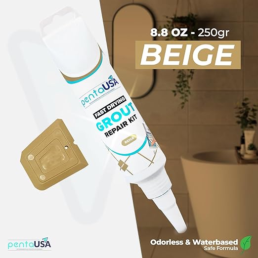 PentaUSA Tile Grout Repair Kit - Beige Grout Filler, Triple Protection, Fast Drying Formula Restores and Renews Joint Lines with Scraper (Beige, 8.8oz / 250gr)