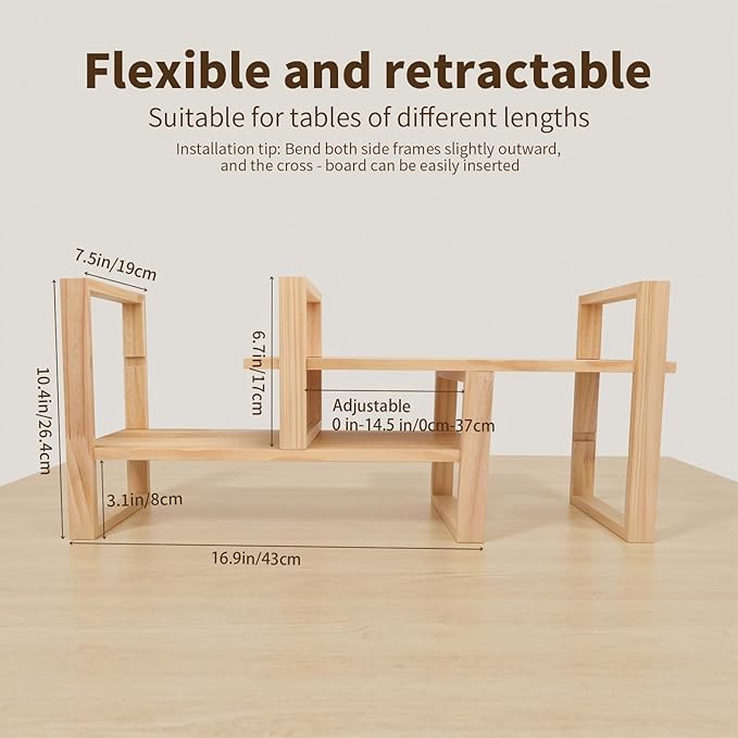 Desk Organizer Adjustable & No Assembly Needed, Solid Pine Wood, Desktop Shelf Holds up to 130lbs for Office, Books, Bathroom Storage, Organization-Pine Nature Wood Color