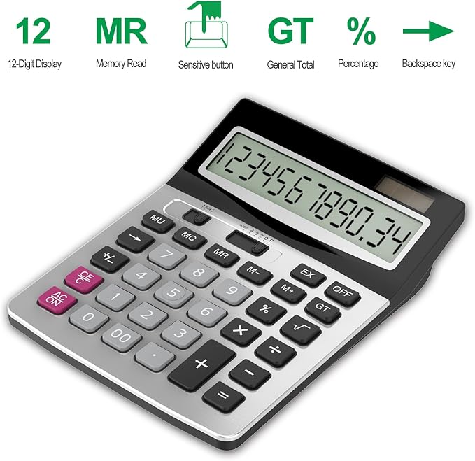 Helect 12 Digit Desktop Calculator, Standard Function Business Desktop Calculator, Silver