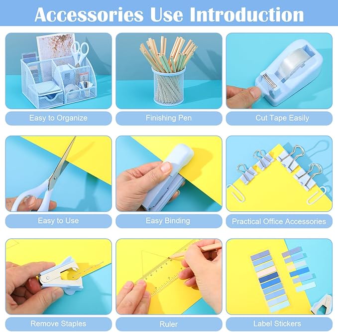11 in 1 Blue Desk Organizer and Accessories, Blue Desk Accessories Light Blue Office Supplies Include Blue Stapler Blue Tape Dispenser Pen Holder Staple Remover Clips Ruler Scissors Tapes Tabs