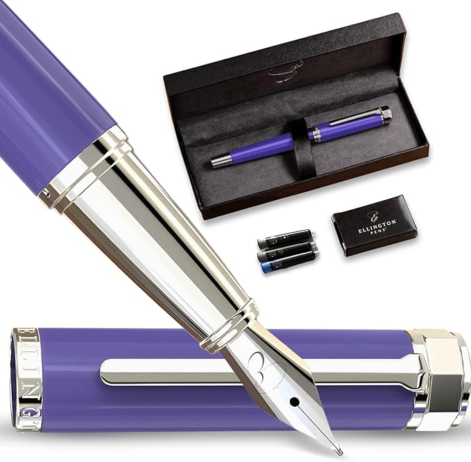 Ellington Pens Luxury Fountain Pen Set - Extra Fine Nib - Includes 3 Ink Cartridges, Refillable Ink Converter, Gift Box - Fountain Pens For Writing, Calligraphy, Journaling, Sketching (Purple Haze)
