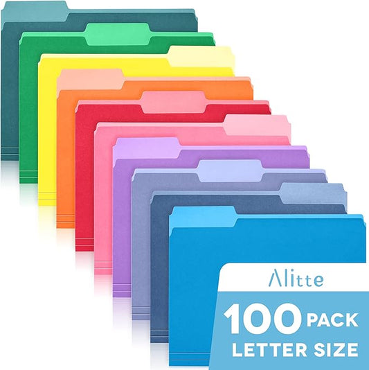 Colored File Folders Letter Size - 100-Pack Bulk, 10 Assorted Color File Folders for Documents, 1/3 Cut Tab - Office Supplies for Filing Cabinet, Desk, and File Folder Organization